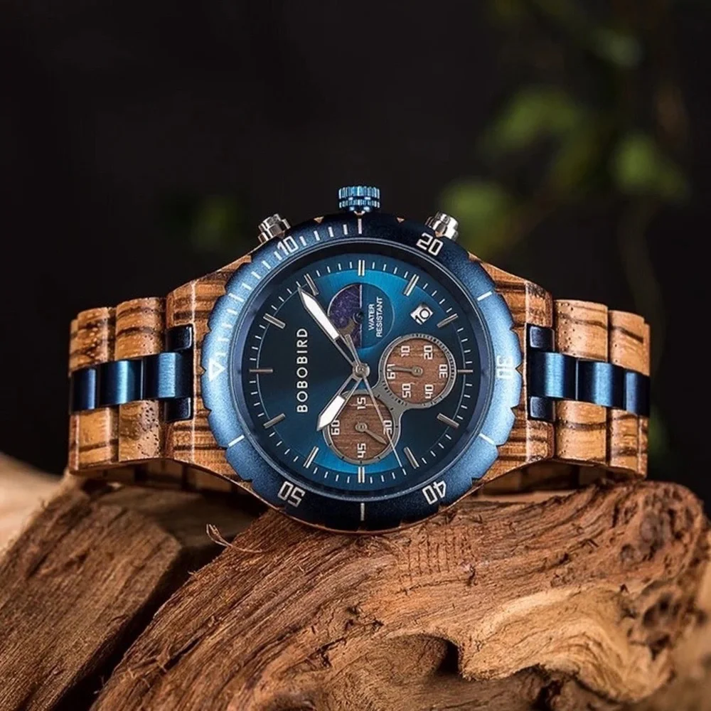 Luxury Zebra Wood Blue Chronograph Military Quartz Watch - Picture 2 of 16